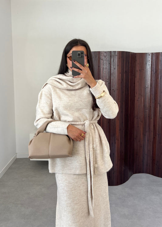 Beige Sweater Skirt Set with Scarf