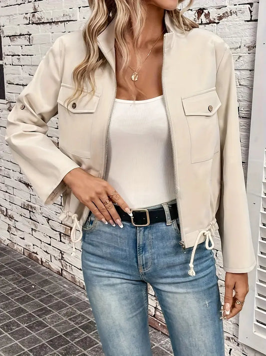 Women's Faux Leather Tailored Jacket - Urban Edge Zip-Up - City Chic Beige