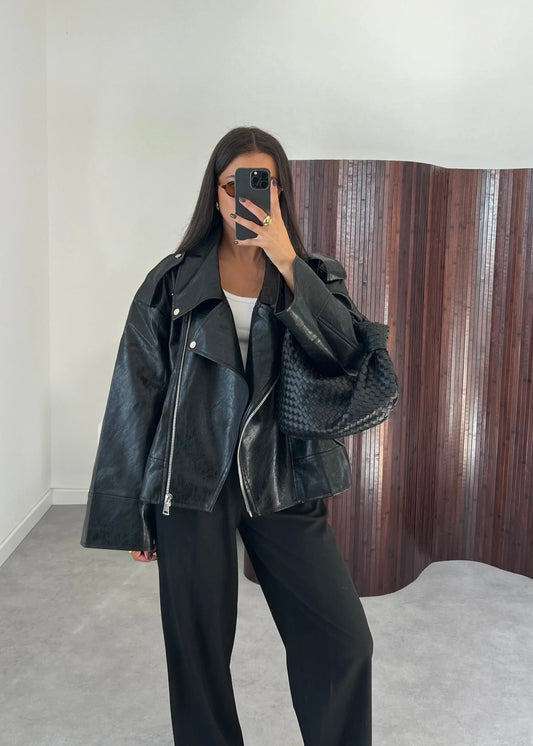 Oversized Faux Leather Jacket Women's Black