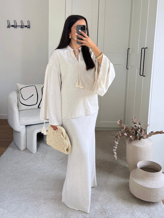 Beige Linen Blend Maxi Skirt