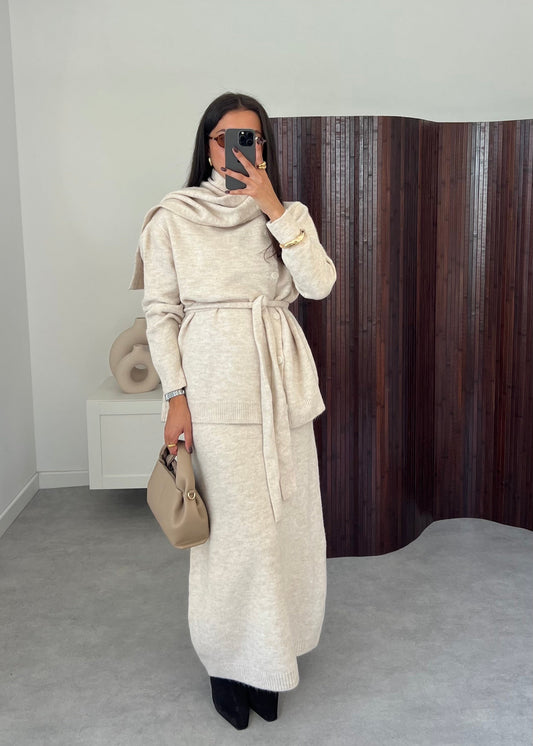 Beige Sweater Skirt Set with Scarf