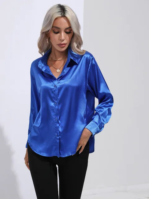 Women's Silky Satin Blouse, Long Sleeve, Elegant Style - SatinGlow Royal Blue