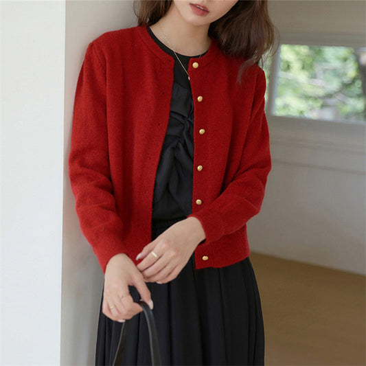 Women's Knitted Cardigan Retro Round Neck Elegant Gold Button - RetroChic Red One Size