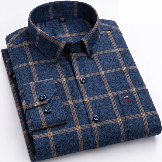 Men's Long Sleeve Checked Shirt Button-Down Collar - Checkered Classic