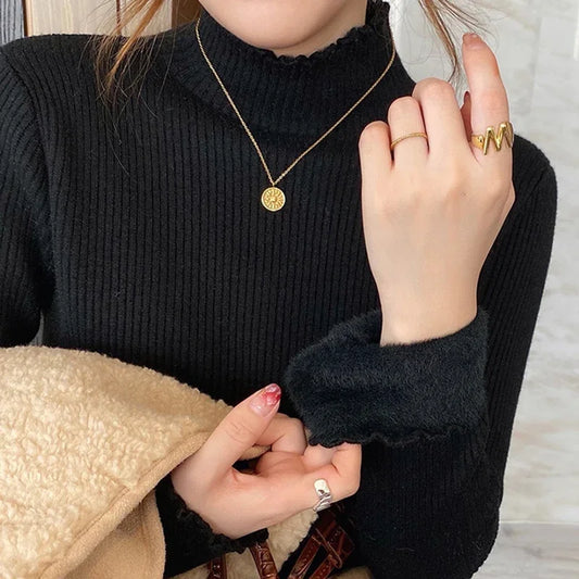 Women's Mock Neck Sweater Ruffled Hemline - Tarra Sweater Black One size