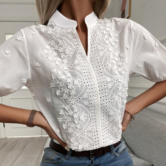 Embroidered Cotton Women's Blouse - Breathable Mandarin Collar - FloralBloom