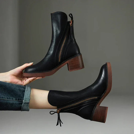 Women Boots with Side Zip Block Heel - ChicZip Ankle Boots