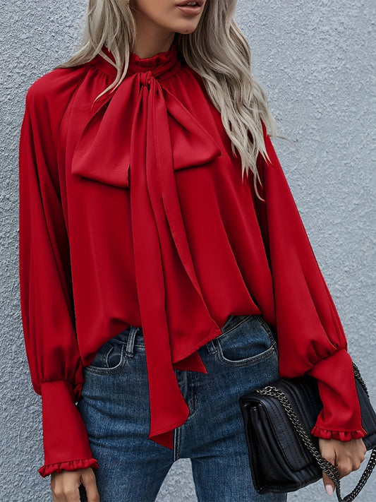 Elegant Tie-Neck Blouse with Puff Sleeves - RuffleChic Red