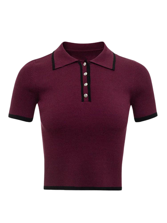 Women's Ribbed Knit Polo Shirt - Stretch Fit, Chic Trim - PoloBella Red
