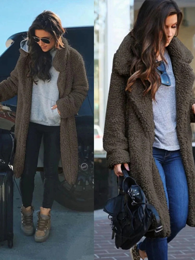Women's Plush Faux Shearling Coat - Elegant Wide Lapel - ShearGlam