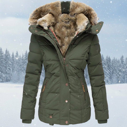 Women's Winter Parka Navy Blue Faux Fur Hood - ArcticGlow Green