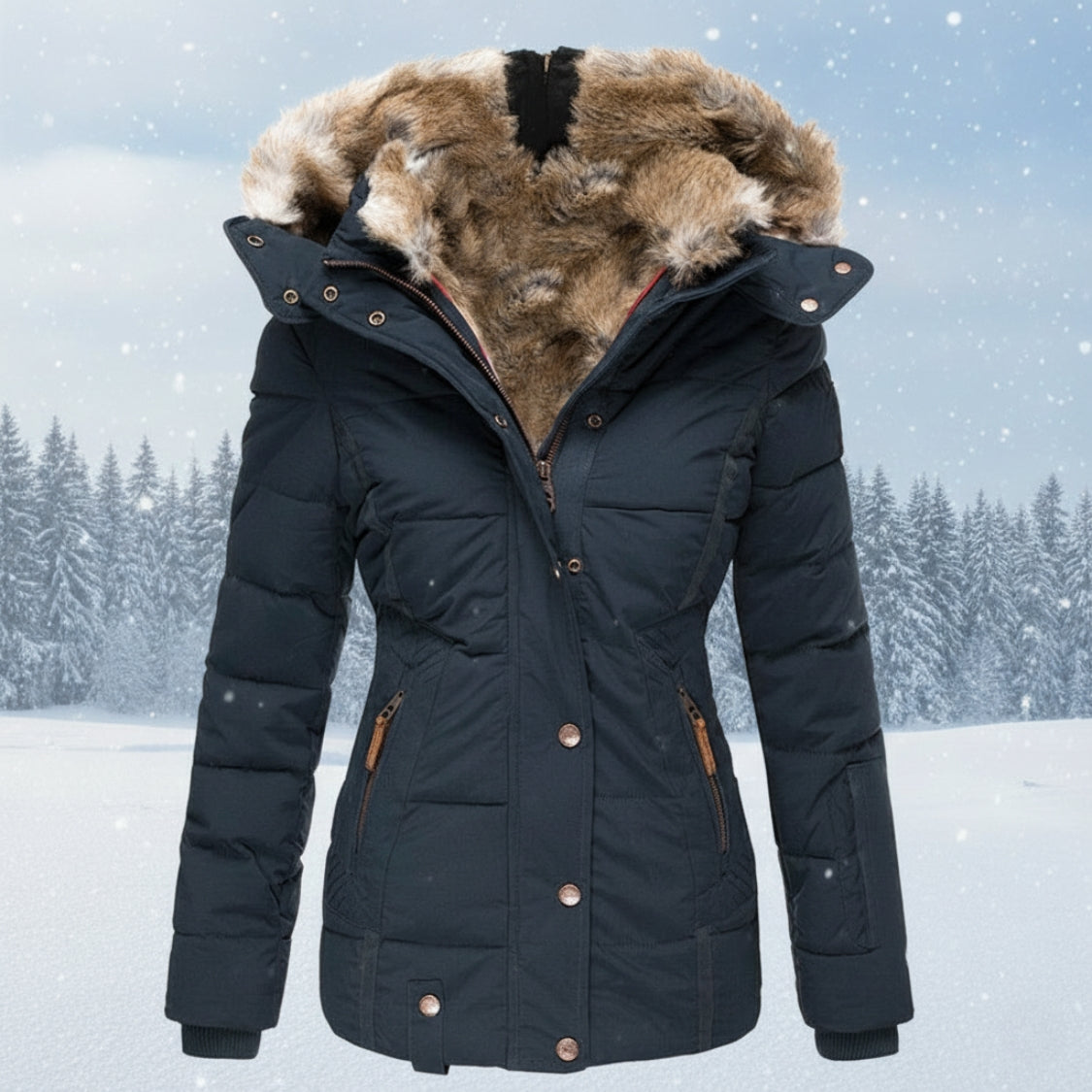 Women's Winter Parka Navy Blue Faux Fur Hood - ArcticGlow Blue