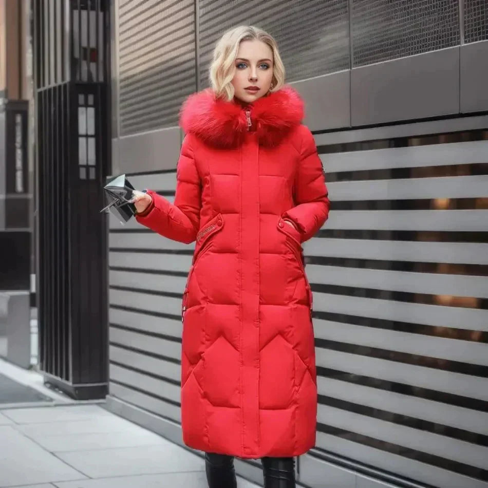 Women's Slim Fit Padded Coat Detachable Fur - WinterGlam Red