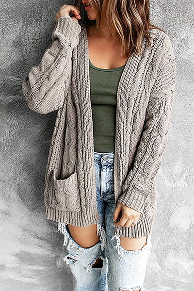 Women's Cable Knit Cardigan with Pockets - Cozy Longline - KnitEase Coffee