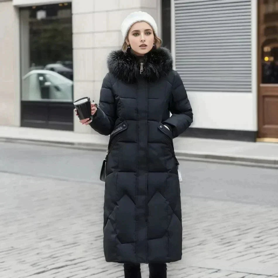 Women's Slim Fit Padded Coat Detachable Fur - WinterGlam Black