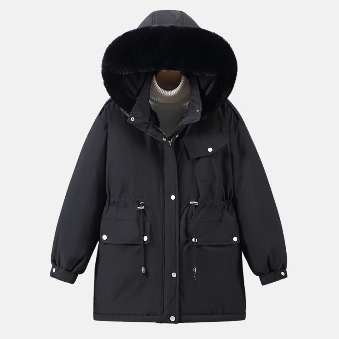 Women's Relaxed Fit Parka - Faux Fur Hood, Adjustable Waist - UrbanChill Black