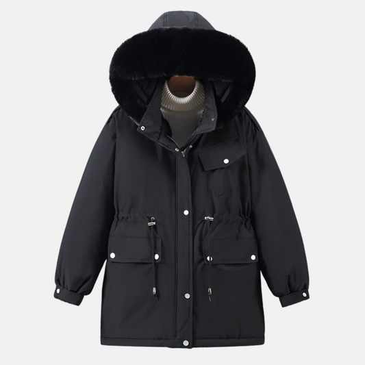 Women's Relaxed Fit Parka - Faux Fur Hood, Adjustable Waist - UrbanChill Black