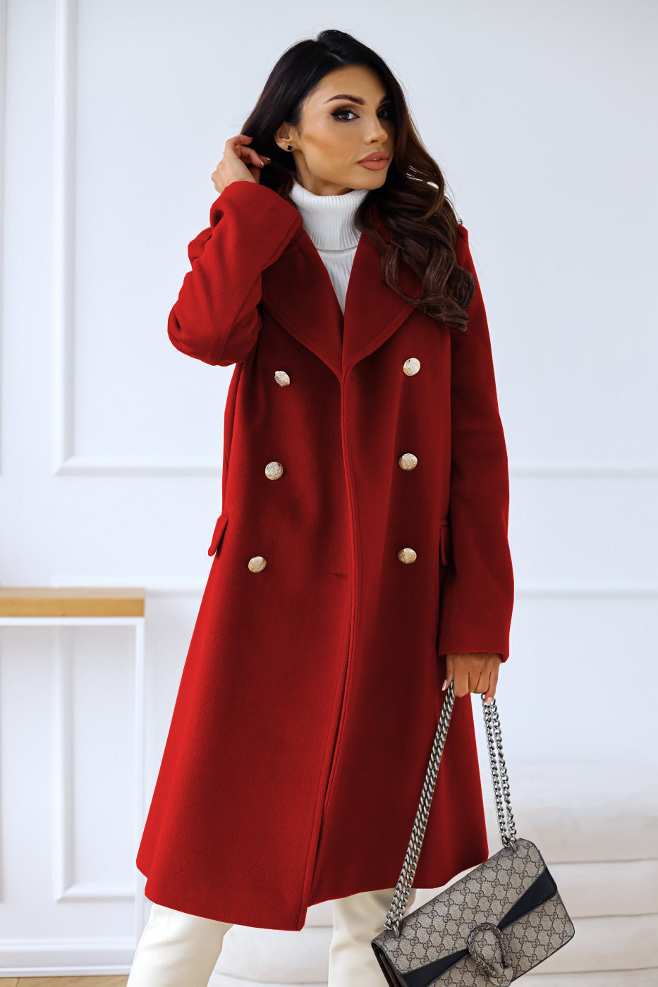 Women's Wool Blend Trench Coat - Double-Breasted City Chic - Urbanity Red
