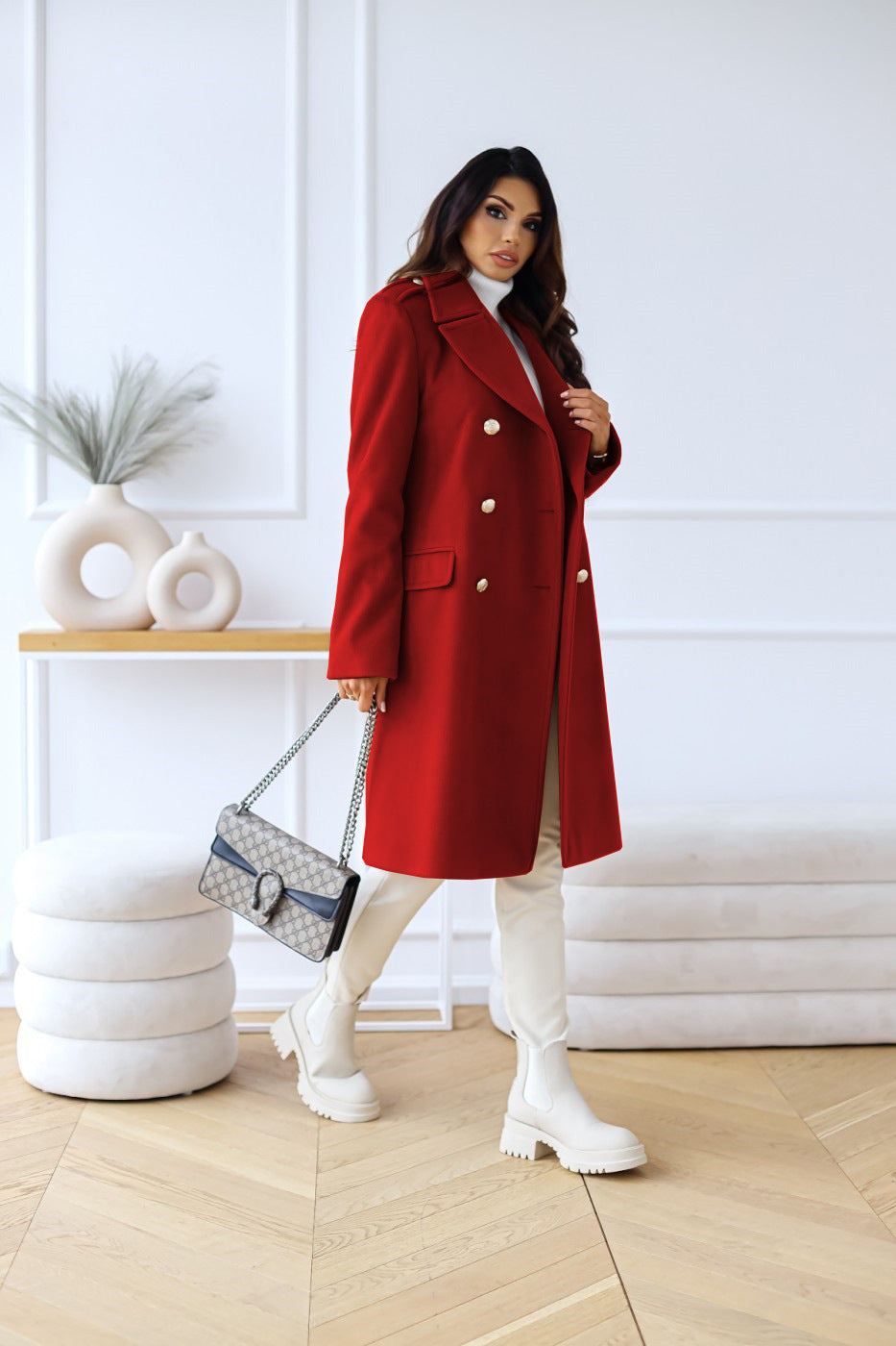 Women's Wool Blend Trench Coat - Double-Breasted City Chic - Urbanity