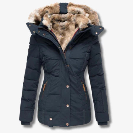 Women's Quilted Puffer Coat Faux Fur Hood - WinterWarm Navy