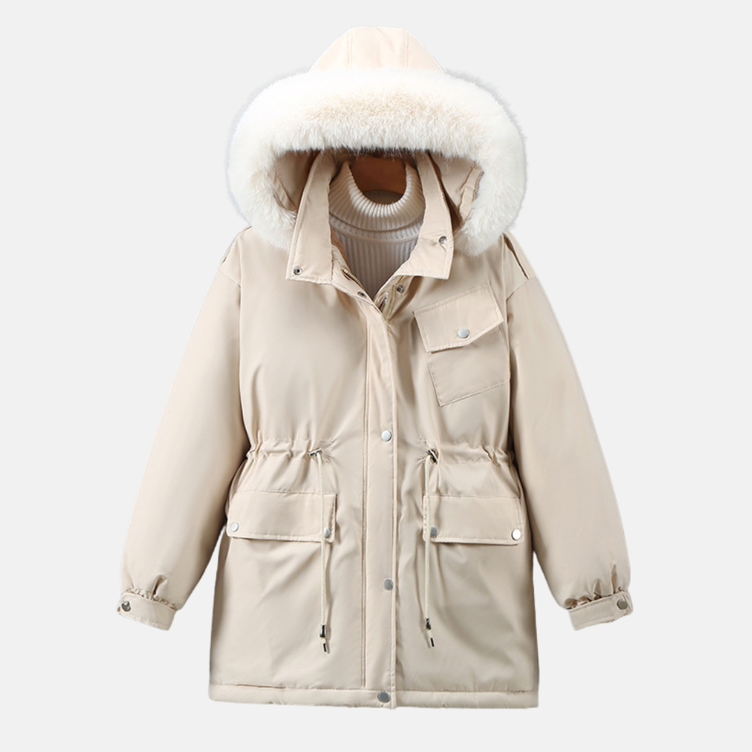 Women's Relaxed Fit Parka - Faux Fur Hood, Adjustable Waist - UrbanChill White