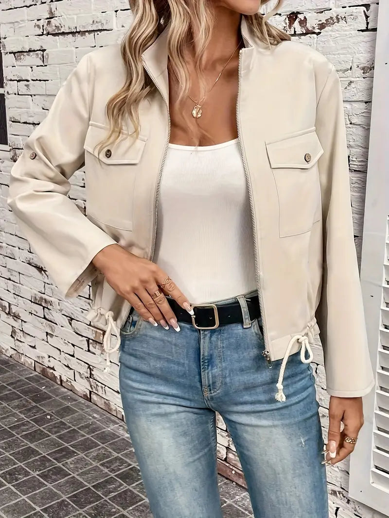 Women's Faux Leather Tailored Jacket - Urban Edge Zip-Up - City Chic Beige