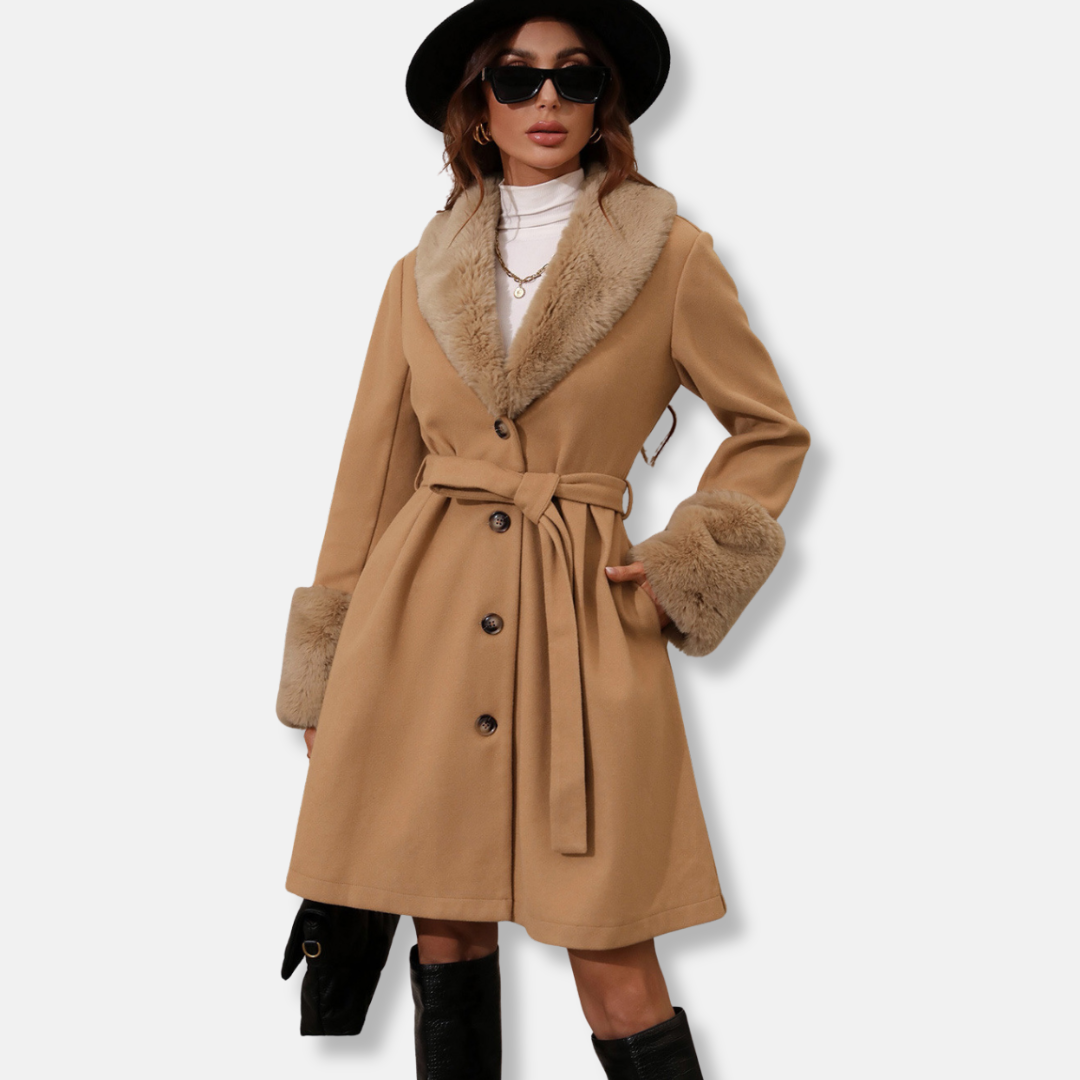 Women's Tailored Trench Coat Faux Fur Trim - WinterBelle Khaki