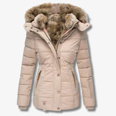 Women's Quilted Puffer Coat Faux Fur Hood - WinterWarm Beige
