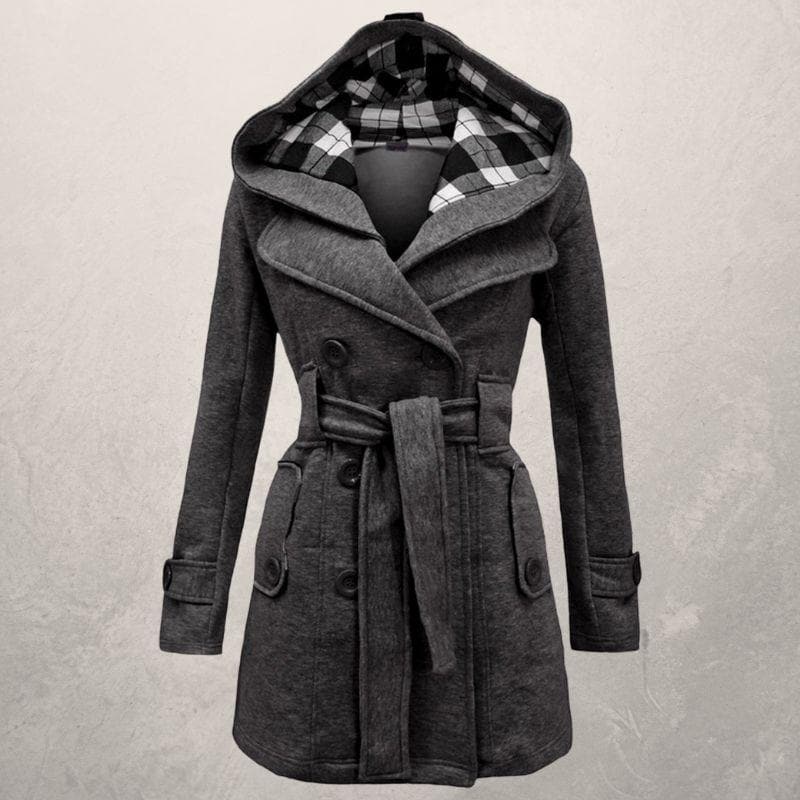Women's Wool Blend Hooded Coat - Chic Belted Winter Overcoat - WinterGrace Gray