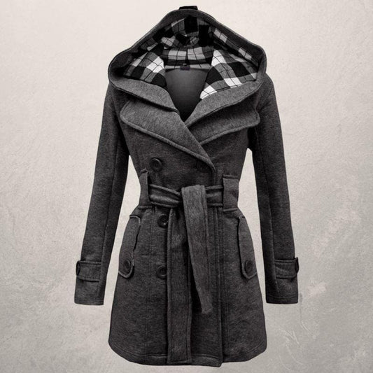 Women's Wool Blend Hooded Coat - Chic Belted Winter Overcoat - WinterGrace Gray