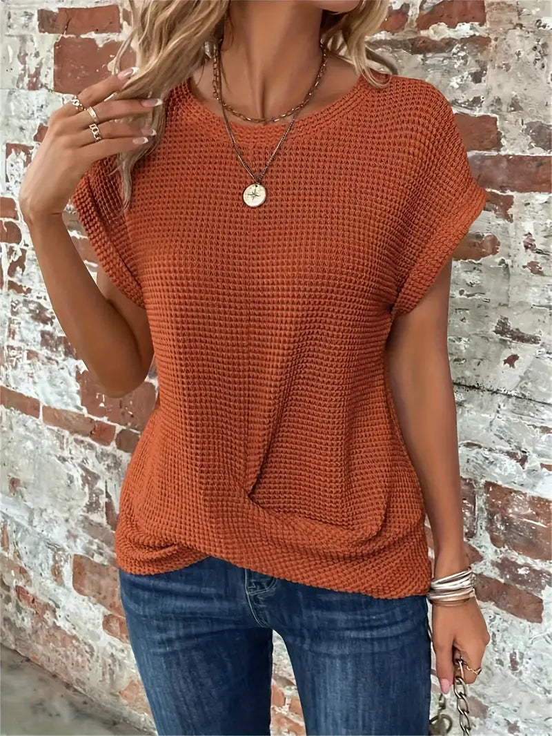 Women's Breathable Waffle Knit Top - Effortless Style, WaffleWeave Orange Red