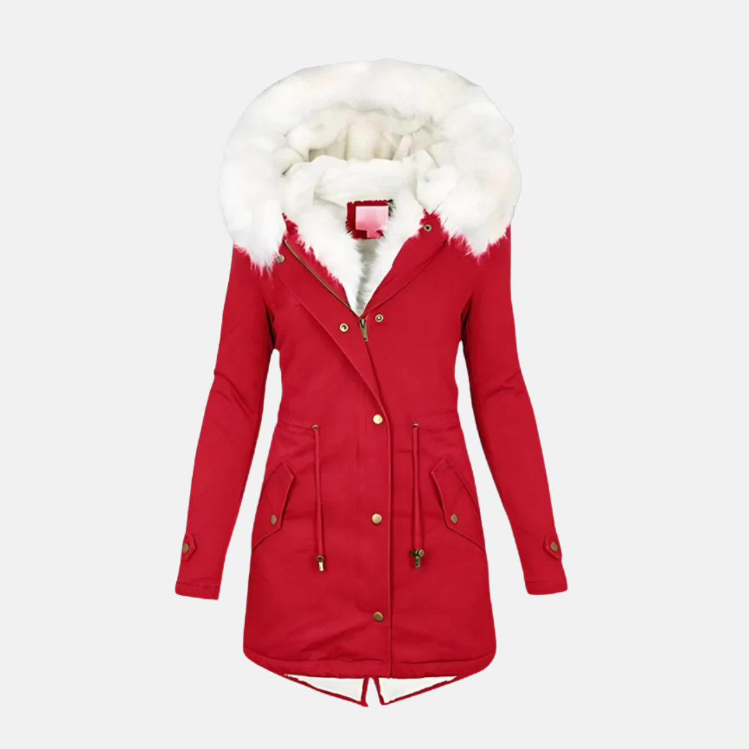 Women's Slim Fit Parka - Water-Resistant Faux Fur Hood - WinterEase Red