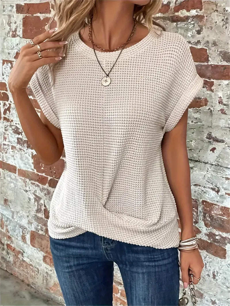 Women's Breathable Waffle Knit Top - Effortless Style, WaffleWeave Milky White