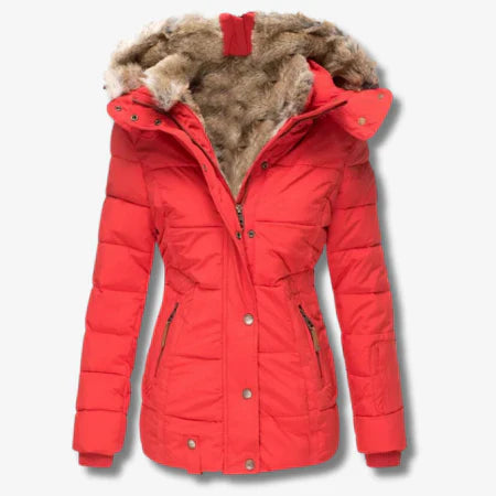 Women's Quilted Puffer Coat Faux Fur Hood - WinterWarm Red