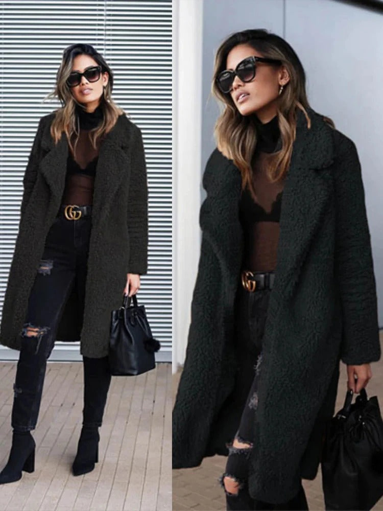 Women's Plush Faux Shearling Coat - Elegant Wide Lapel - ShearGlam