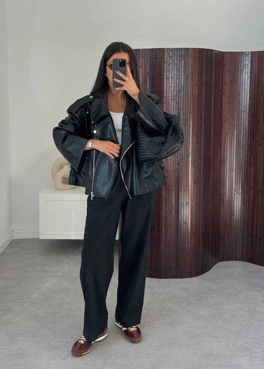 Oversized Faux Leather Jacket Women's Black