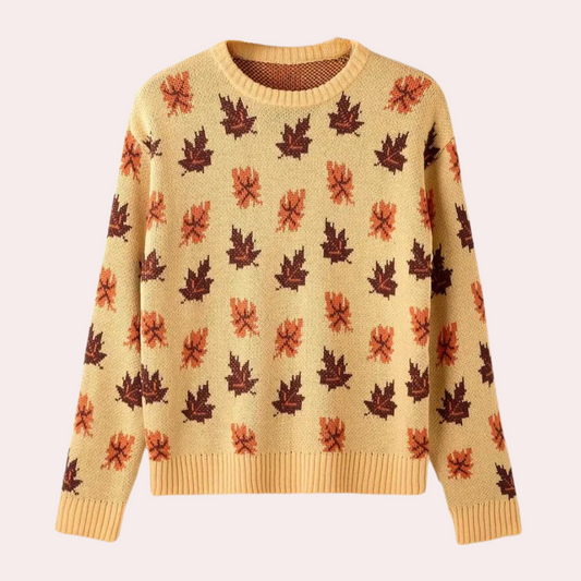 Women's Knitted Leaf Sweater - Elegant Autumn Charm - AutumnWeave Khaki