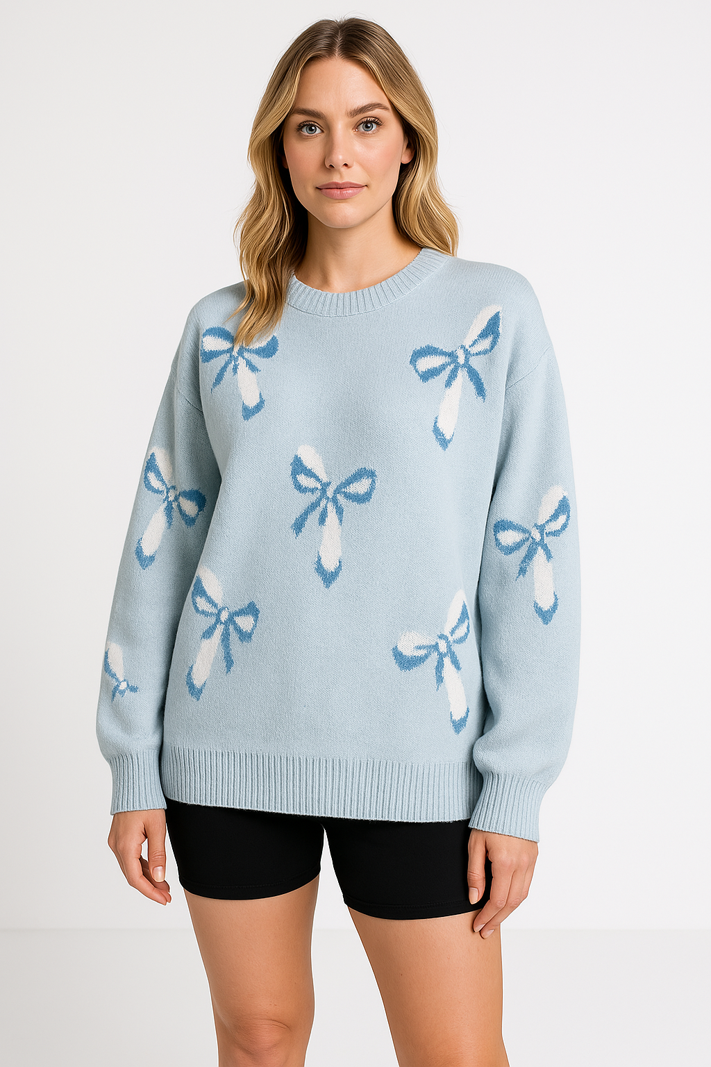 Women's Wool Knit Sweater Oversized Jacquard Bow - BowKnit Light Blue