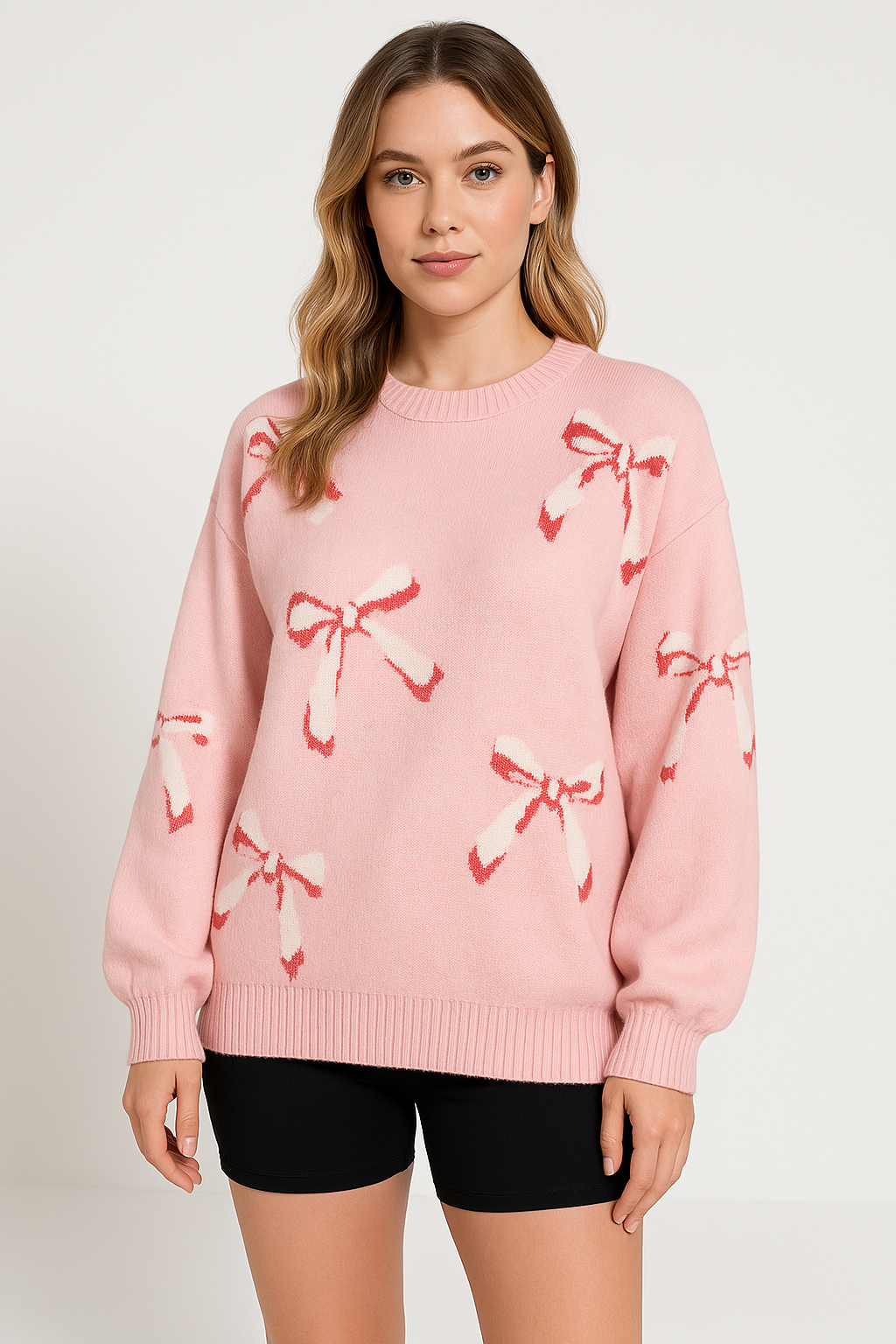 Women's Wool Knit Sweater Oversized Jacquard Bow - BowKnit Pink
