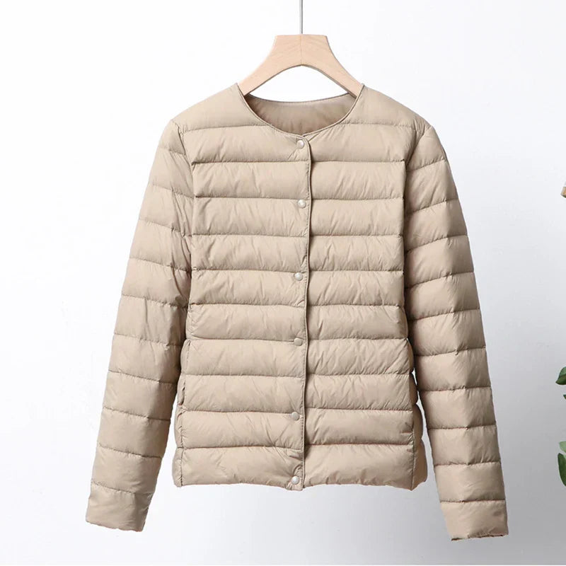 Women's Lightweight Quilted Puffer Jacket - ButtonUp Chic Khaki