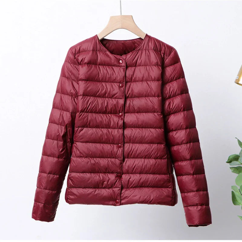 Women's Lightweight Quilted Puffer Jacket - ButtonUp Chic Burgundy