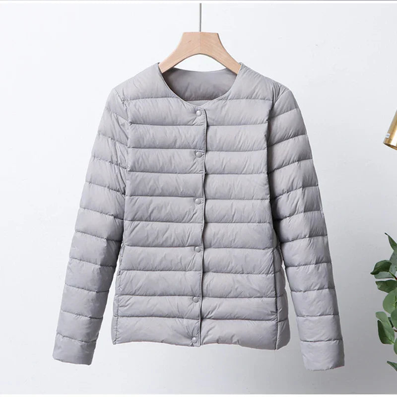 Women's Lightweight Quilted Puffer Jacket - ButtonUp Chic Gray