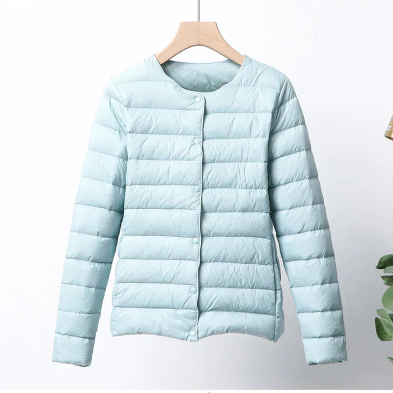 Women's Lightweight Quilted Puffer Jacket - ButtonUp Chic Sky Blue