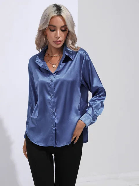 Women's Silky Satin Blouse, Long Sleeve, Elegant Style - SatinGlow Blue