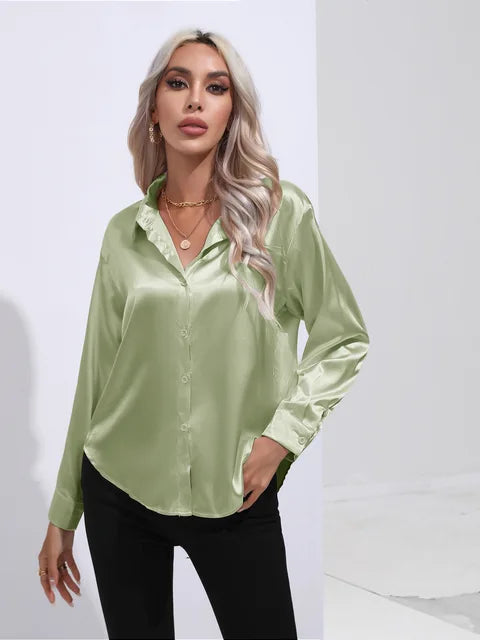Women's Silky Satin Blouse, Long Sleeve, Elegant Style - SatinGlow Light green