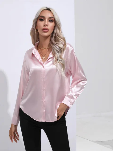 Women's Silky Satin Blouse, Long Sleeve, Elegant Style - SatinGlow Pink