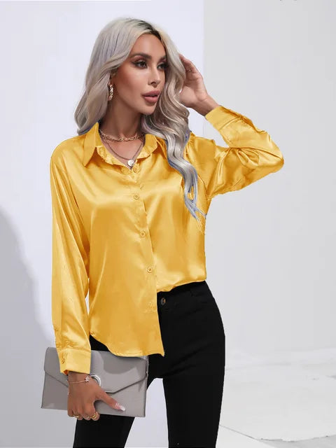Women's Silky Satin Blouse, Long Sleeve, Elegant Style - SatinGlow Yellow