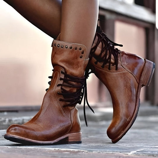 Women's Mid-Calf Boots Lace-Up Studded Detail - Vintage Charm Boots