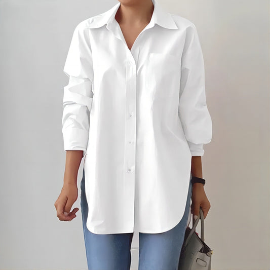 Women's Oversized Shirt - Relaxed Fit Button-Up, Everyday Chic - StyleEase White