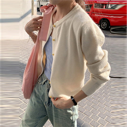 Women's Knitted Cardigan Retro Round Neck Elegant Gold Button - RetroChic Off-white One Size